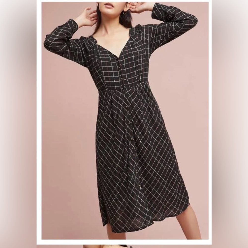 Akemi + Kin Annie Plaid Midi Dress Button Front Long Sleeve V-Neck 8 Boho